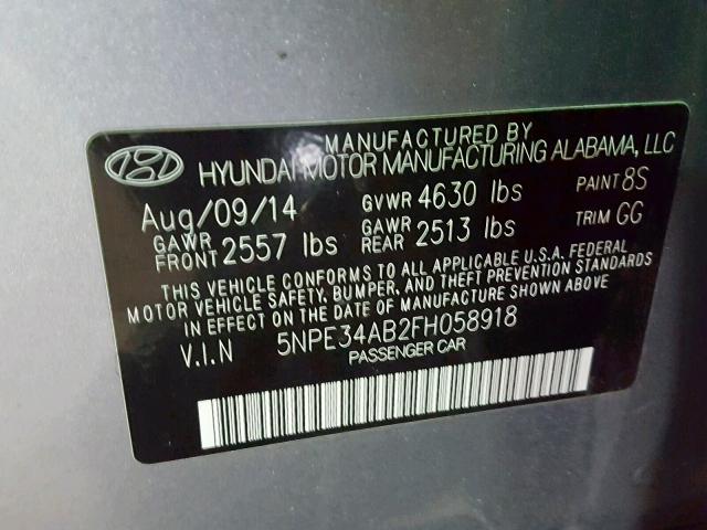 5NPE34AB2FH058918 - 2015 HYUNDAI SONATA SPO BLUE photo 10