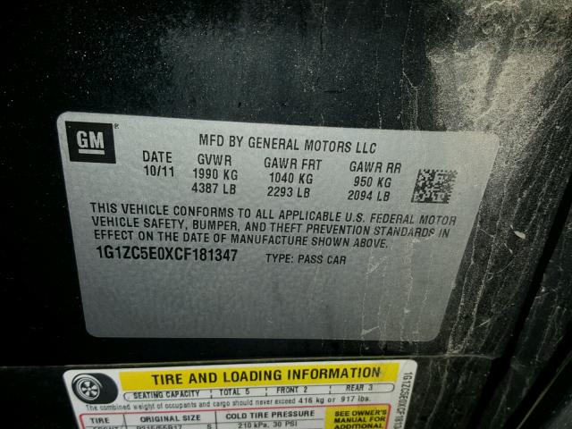 1G1ZC5E0XCF181347 - 2012 CHEVROLET MALIBU 1LT BLACK photo 10