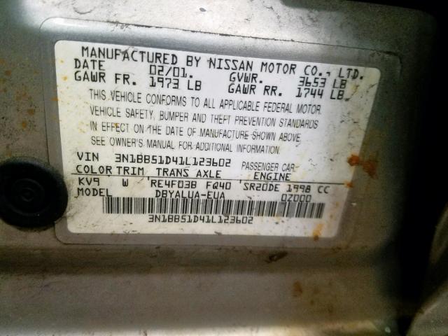 3N1BB51D41L123602 - 2001 NISSAN SENTRA SE SILVER photo 10