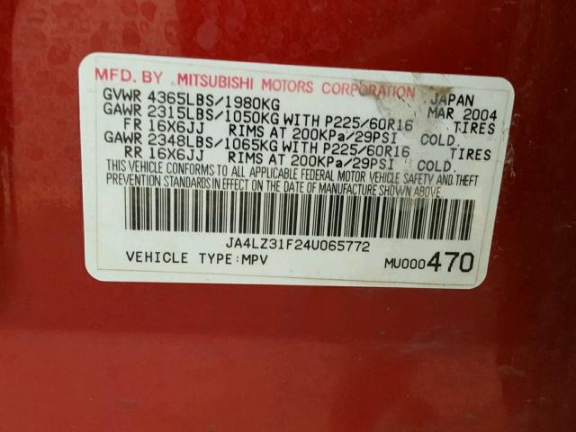 JA4LZ31F24U065772 - 2004 MITSUBISHI OUTLANDER RED photo 10