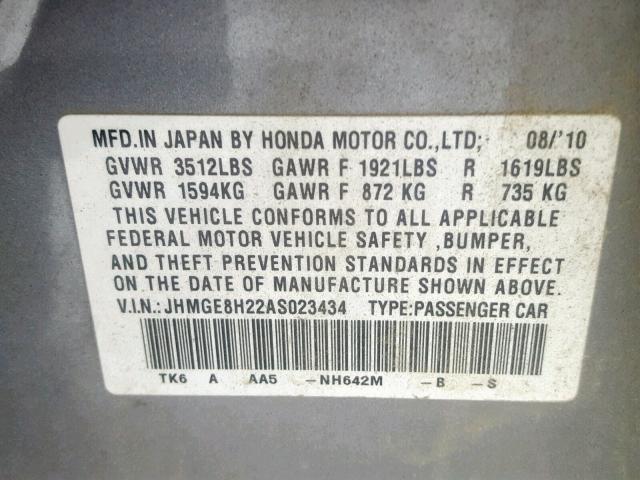 JHMGE8H22AS023434 - 2010 HONDA FIT GRAY photo 10