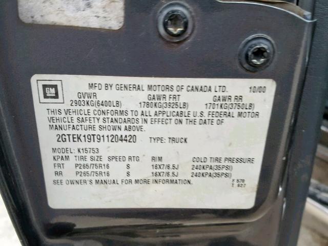 2GTEK19T911204420 - 2001 GMC NEW SIERRA GRAY photo 10