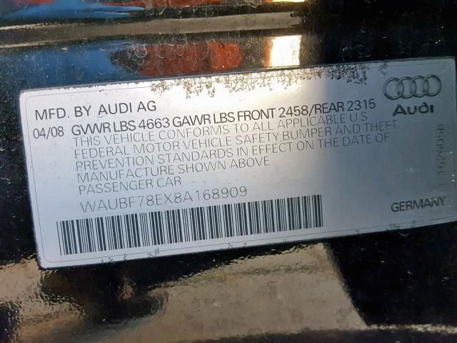 WAUBF78EX8A168909 - 2008 AUDI A4 S-LINE BLACK photo 10