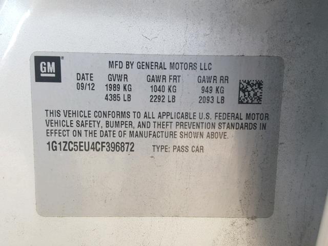 1G1ZC5EU4CF396872 - 2012 CHEVROLET MALIBU 1LT SILVER photo 10