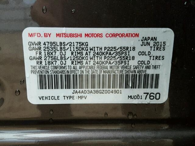 JA4AD3A38GZ004901 - 2016 MITSUBISHI OUTLANDER BROWN photo 10