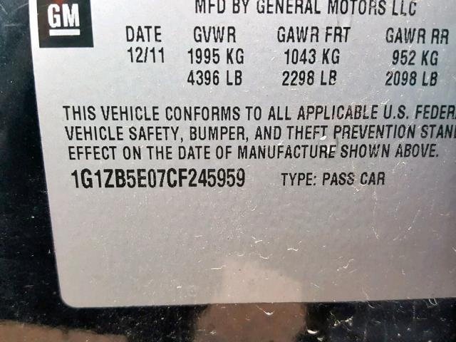 1G1ZB5E07CF245959 - 2012 CHEVROLET MALIBU LS 黑色 照片 10