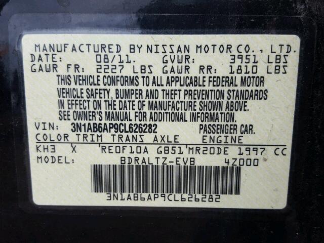 3N1AB6AP9CL626282 - 2012 NISSAN SENTRA 2.0 BLACK photo 10