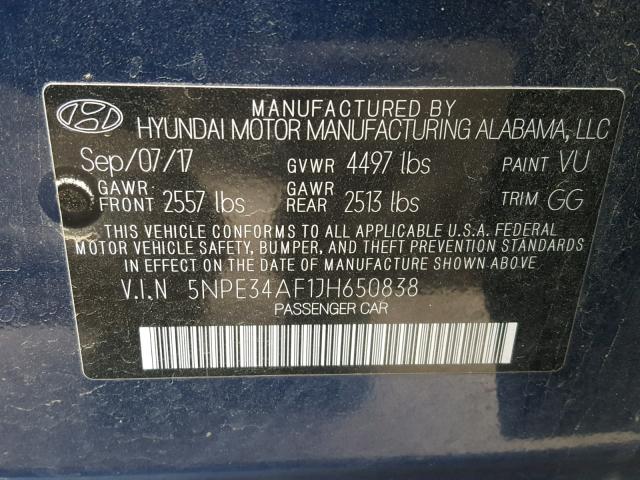 5NPE34AF1JH650838 - 2018 HYUNDAI SONATA SPO BLUE photo 10