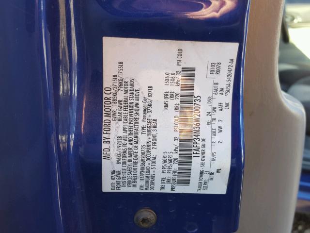 1FAFP34N36W200735 - 2006 FORD FOCUS ZX4 BLUE photo 10