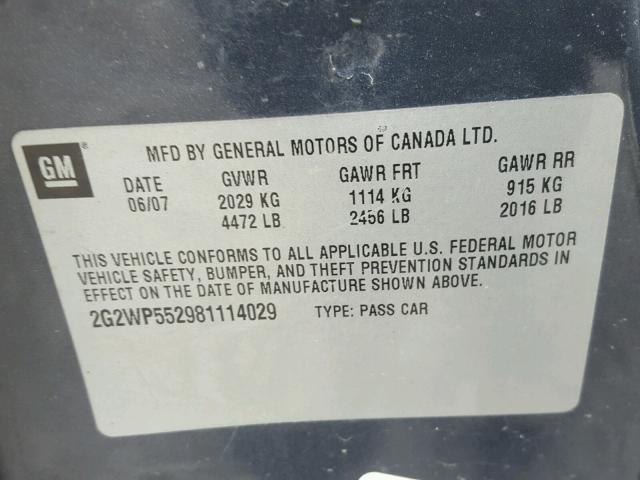 2G2WP552981114029 - 2008 PONTIAC GRAND PRIX CHARCOAL photo 10