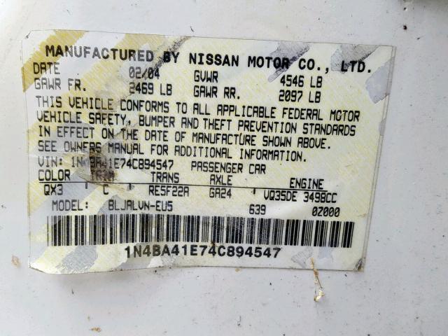 1N4BA41E74C894547 - 2004 NISSAN MAXIMA SE WHITE photo 10