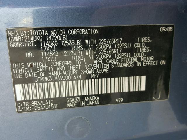 JTMBK31V69D001674 - 2009 TOYOTA RAV4 LIMIT BLUE photo 10