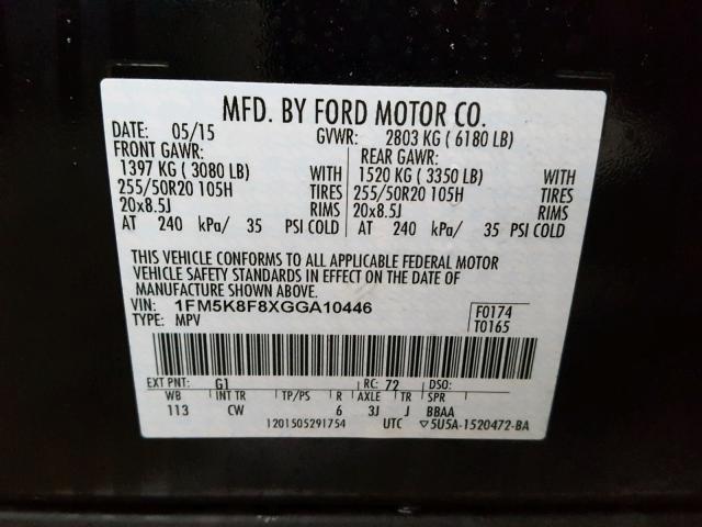 1FM5K8F8XGGA10446 - 2016 FORD EXPLORER L BLACK photo 10