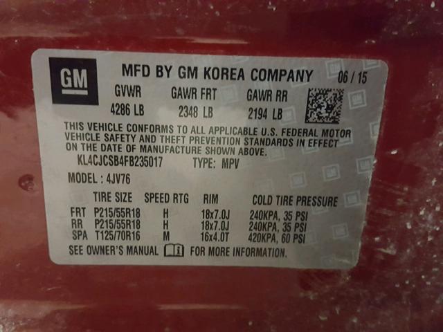 KL4CJCSB4FB235017 - 2015 BUICK ENCORE RED photo 10