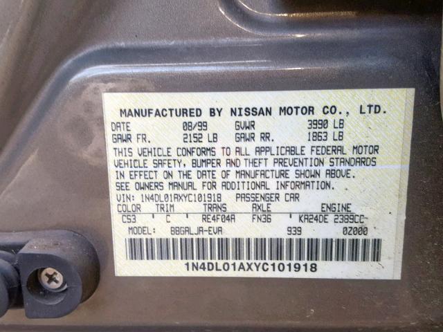 1N4DL01AXYC101918 - 2000 NISSAN ALTIMA XE BROWN photo 10