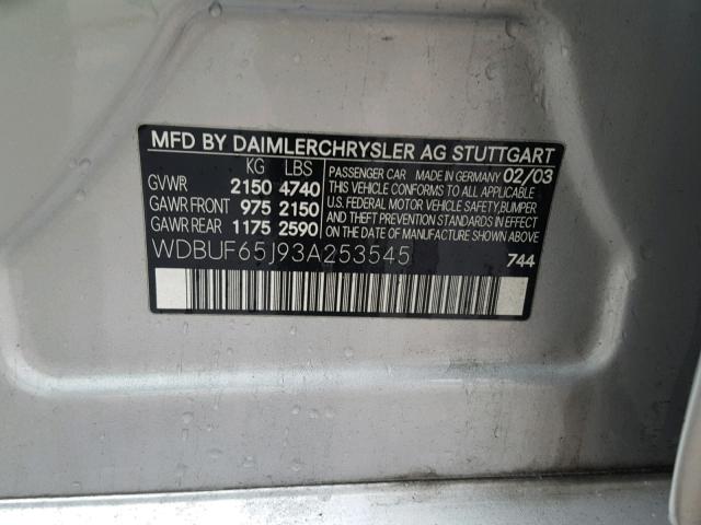 WDBUF65J93A253545 - 2003 MERCEDES-BENZ E 320 SILVER photo 10