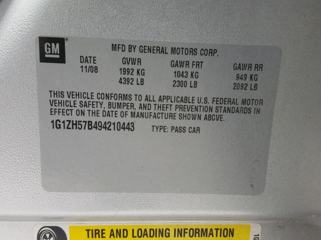 1G1ZH57B494210443 - 2009 CHEVROLET MALIBU 1LT 银色 照片 10