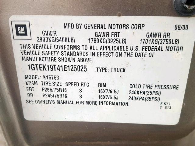 1GTEK19T41E125025 - 2001 GMC NEW SIERRA TAN photo 10