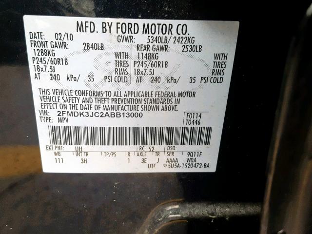 2FMDK3JC2ABB13000 - 2010 FORD EDGE SEL BLACK photo 10