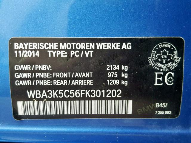 WBA3K5C56FK301202 - 2015 BMW 328 D BLUE photo 10