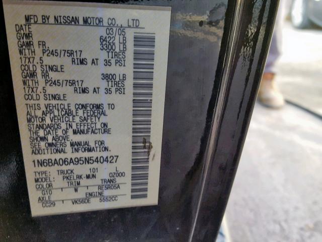 1N6BA06A95N540427 - 2005 NISSAN TITAN XE BLACK photo 10