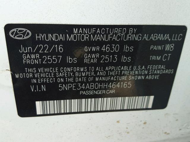 5NPE34AB0HH464165 - 2017 HYUNDAI SONATA SPO WHITE photo 10