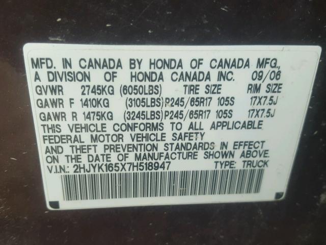 2HJYK165X7H518947 - 2007 HONDA RIDGELINE MAROON photo 10