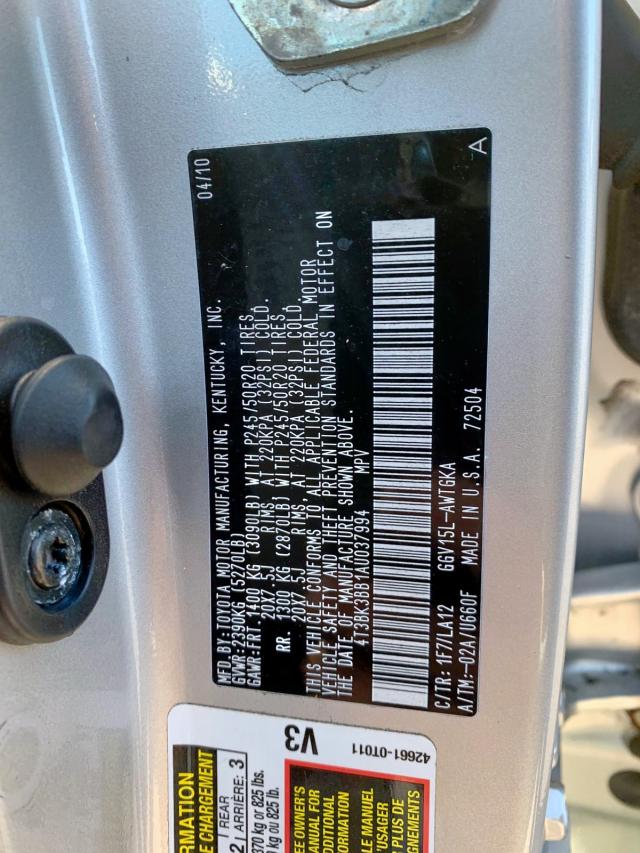 4T3BK3BB1AU037994 - 2010 TOYOTA VENZA SILVER photo 9