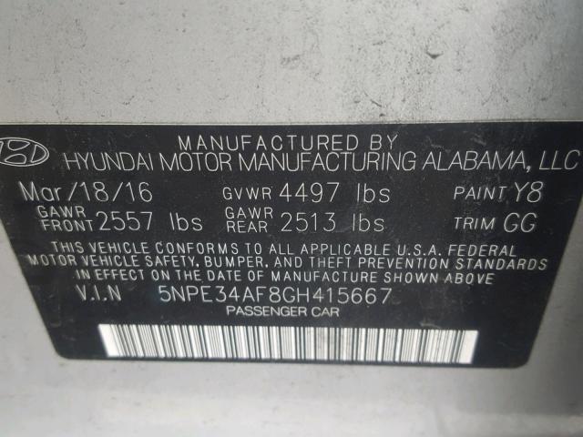 5NPE34AF8GH415667 - 2016 HYUNDAI SONATA SPO SILVER photo 10