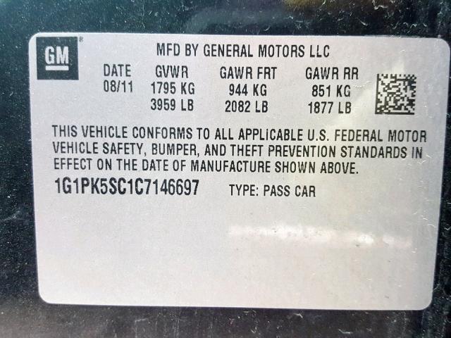 1G1PK5SC1C7146697 - 2012 CHEVROLET CRUZE ECO BLACK photo 10