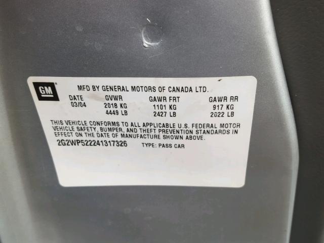 2G2WP522241317326 - 2004 PONTIAC GRAND PRIX SILVER photo 10