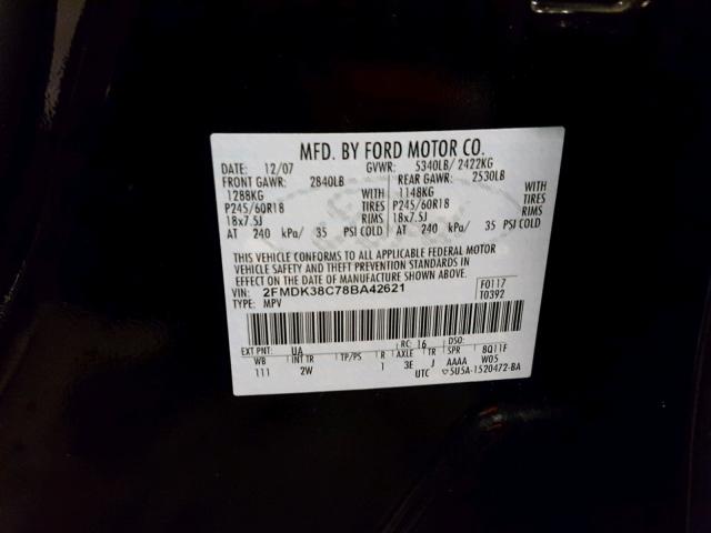 2FMDK38C78BA42621 - 2008 FORD EDGE SEL BLACK photo 10