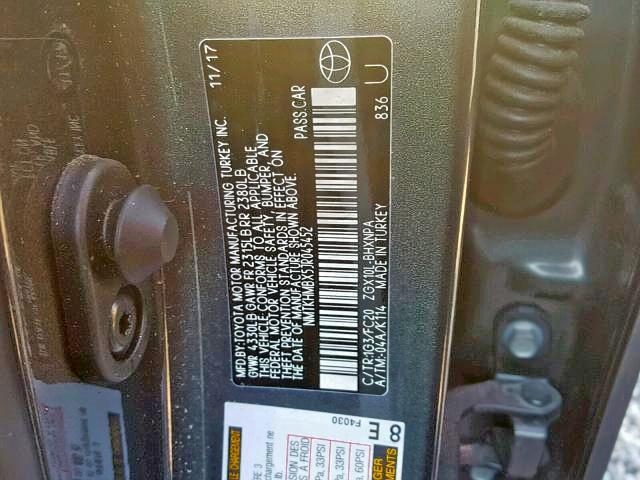 NMTKHMBX5JR045452 - 2018 TOYOTA C-HR XLE GRAY photo 10