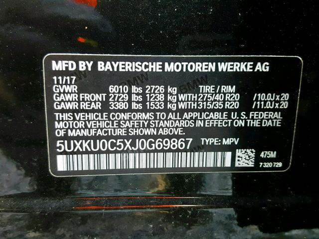 5UXKU0C5XJ0G69867 - 2018 BMW X6 SDRIVE3 BLACK photo 10