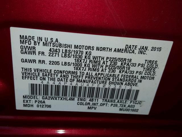 4A4AP4AU4FE023813 - 2015 MITSUBISHI OUTLANDER RED photo 10