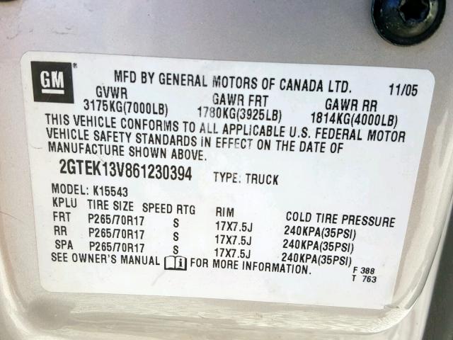 2GTEK13V861230394 - 2006 GMC NEW SIERRA SILVER photo 10