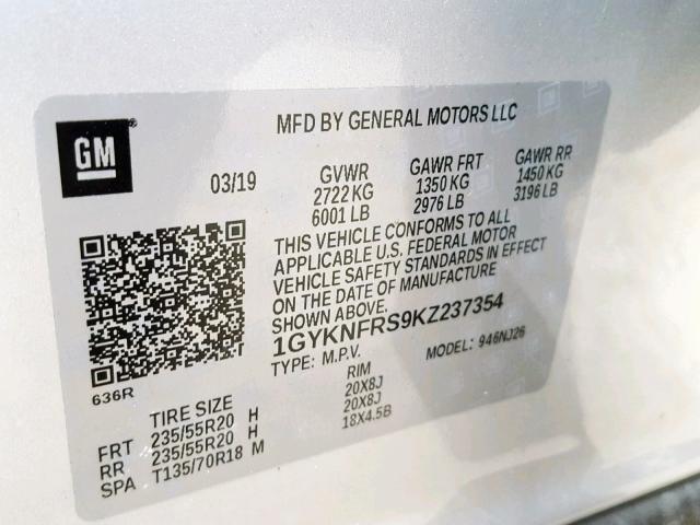 1GYKNFRS9KZ237354 - 2019 CADILLAC XT5 PREMIU SILVER photo 10