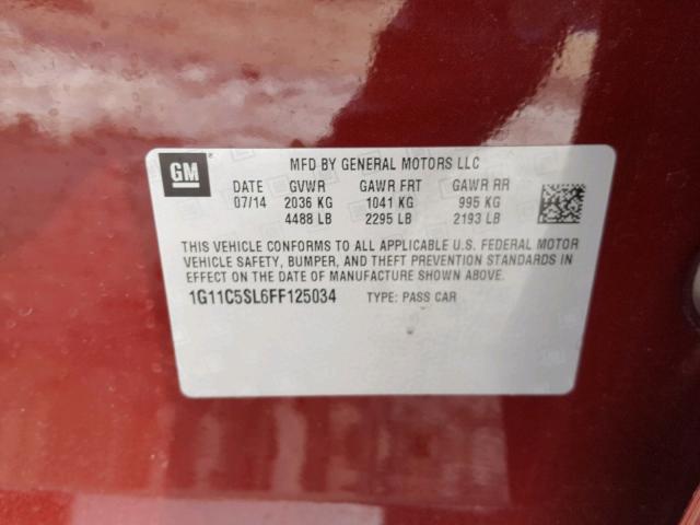 1G11C5SL6FF125034 - 2015 CHEVROLET MALIBU 1LT RED photo 10