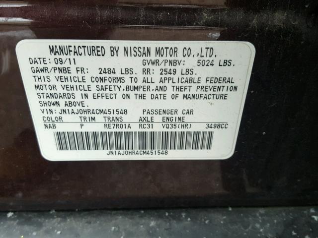 JN1AJ0HR4CM451548 - 2012 INFINITI EX35 BASE BURGUNDY photo 10