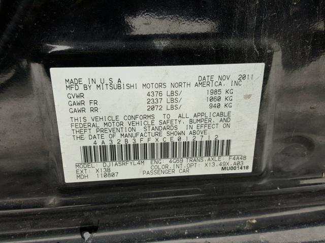 4A32B3FFXCE012712 - 2012 MITSUBISHI GALANT ES BLACK photo 10