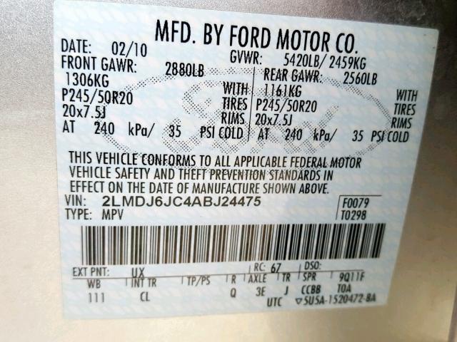 2LMDJ6JC4ABJ24475 - 2010 LINCOLN MKX SILVER photo 10