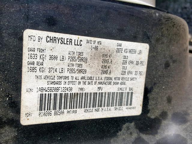 1A8HW58208F122430 - 2008 CHRYSLER ASPEN LIMI BLACK photo 10