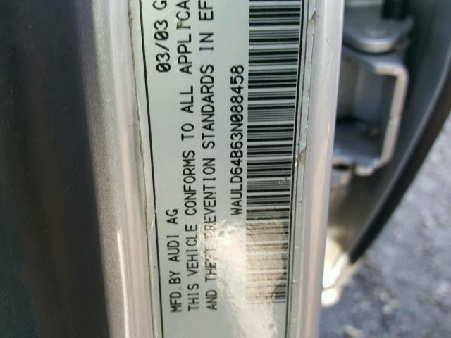 WAULD64B63N088458 - 2003 AUDI A6 2.7T QU SILVER photo 10