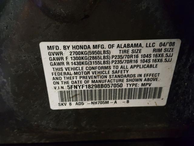 5FNYF18298B057050 - 2008 HONDA PILOT VP GRAY photo 10