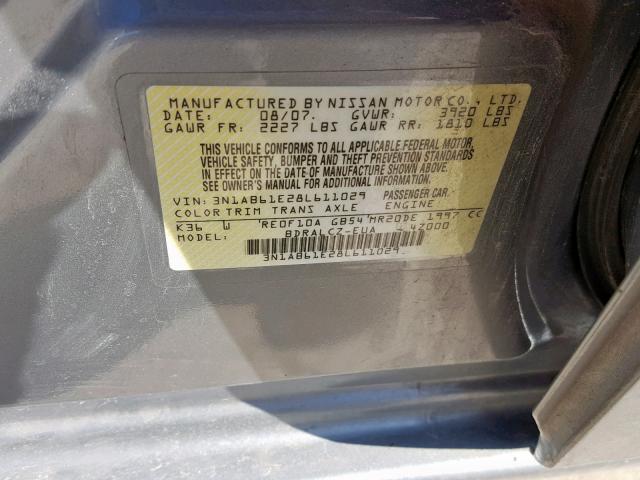 3N1AB61E28L611029 - 2008 NISSAN SENTRA 2.0 SILVER photo 10