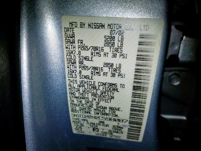 5N1ED28Y42C598087 - 2002 NISSAN XTERRA XE SILVER photo 10