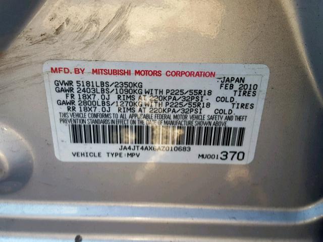 JA4JT4AX6AZ010683 - 2010 MITSUBISHI OUTLANDER SILVER photo 10