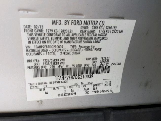 1FAHP2E87DG210039 - 2013 FORD TAURUS SEL SILVER photo 10