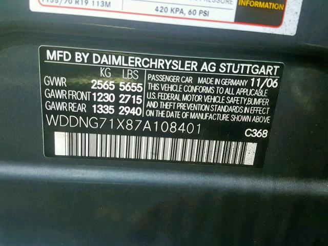 WDDNG71X87A108401 - 2007 MERCEDES-BENZ S 550 GRAY photo 10