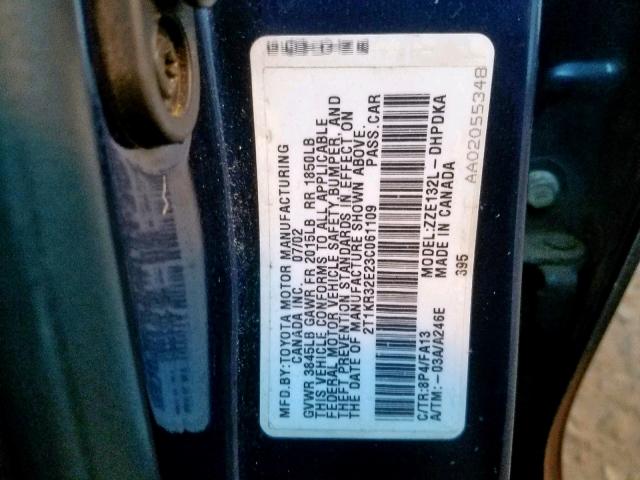 2T1KR32E23C061109 - 2003 TOYOTA MATRIX BLUE photo 10